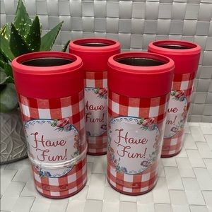 The Pioneer Woman Gingham/Red Slim Can Koozie Set of 4 NWT